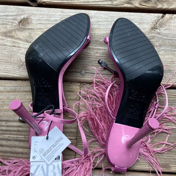 ZARA Mauve Pink Satin Feather Embellished High Stiletto Heel Strappy Sandals 40 - Picture 9 of 11